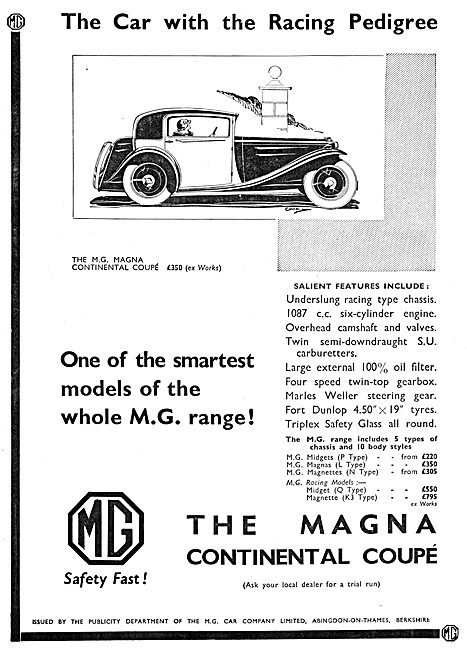 MG Magna Continental Coupe 1934 Advert                           