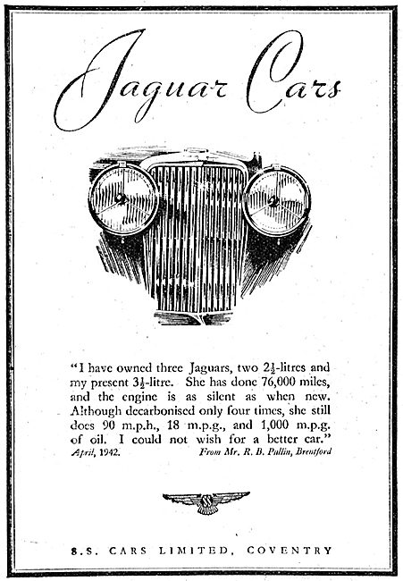 S.S.Cars. Jaguar Cars 1942 Advert                                