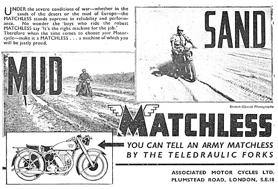 Matchless Army Motor Cycles. teledraulic Forks. 1945 Advert      