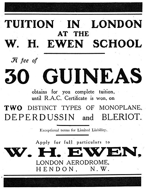 W.H.Ewen Flying School. London Aerodrome Hendon                  