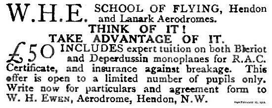 W.H.Ewen WHE School Of Flying Hendon & Lanark Aerodromes         