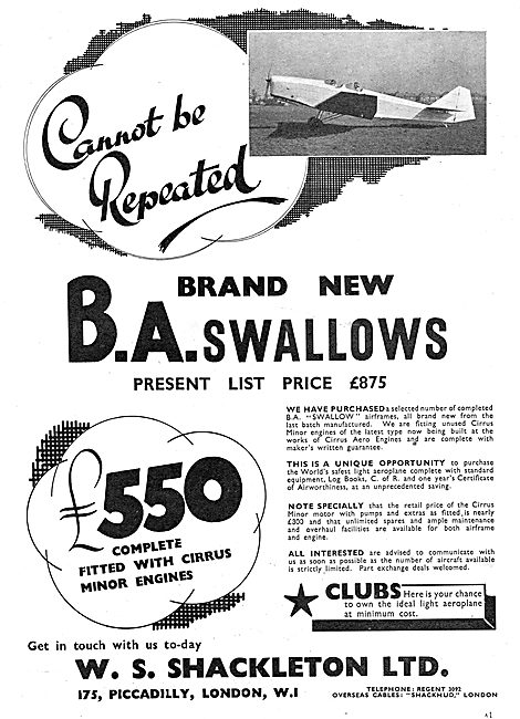 W.S.Shackleton - Aircraft Sales: BA Swallows                     