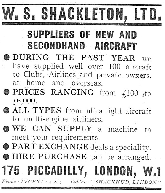 W.S.Shackleton. Aircraft Sales, Services & Brokerage. Spares     