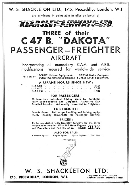 W.S.Shackleton. Aircraft Sales, Kearsley Airways C 47 B Dakotas  