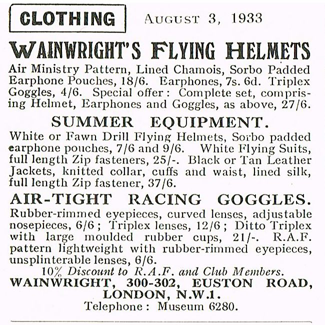 Wainwrights Flying Helmets And Goggles                           