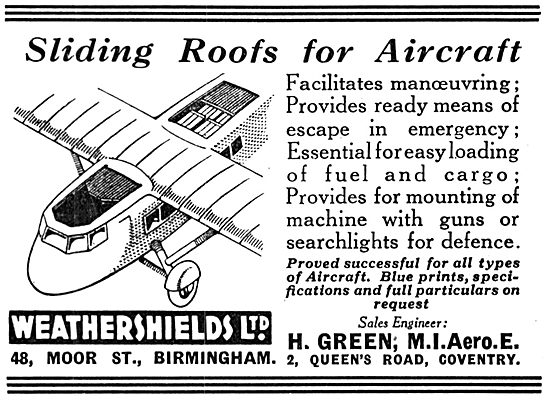 Weathershields Sliding Roofs For Aircraft 1935                   