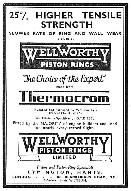 Wellworthy Piston Rings. Thermocrom 1937                         