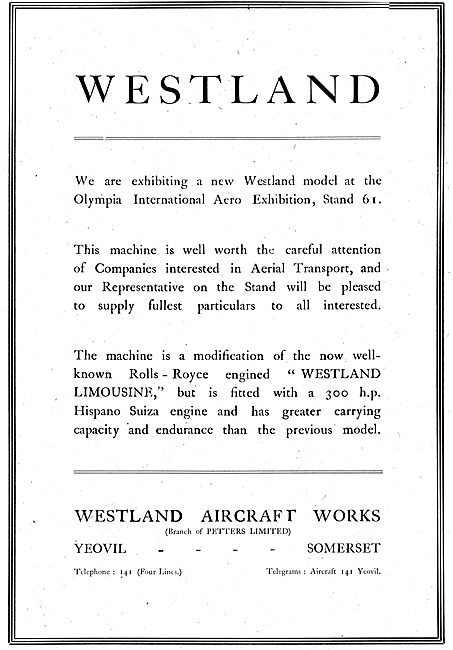 Westland Limousine On Show At Olympia 1920                       