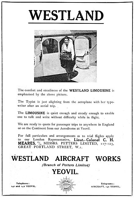 Westland Limousine 1920 Advert                                   