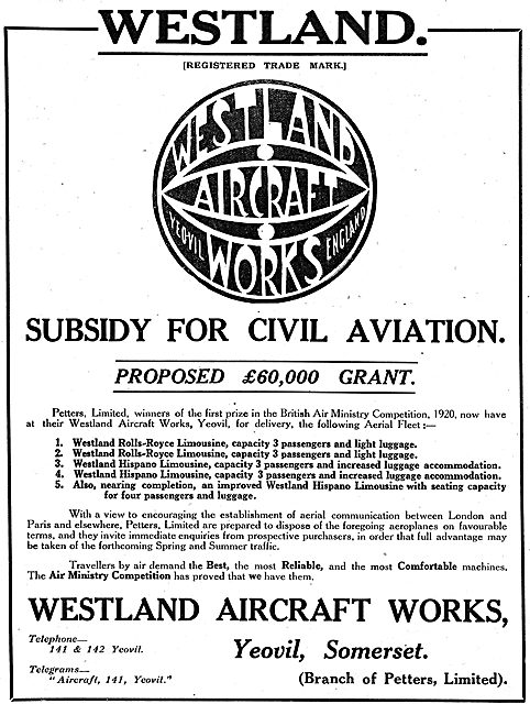 Westland Proposal For Grant For Civil Aviation Subsidy.          