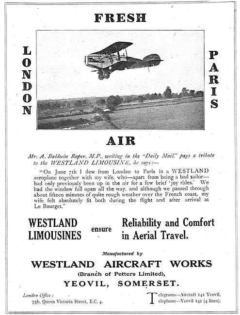 Mr A. Baldwin Roper MP Praises The Westland Limousine Aircraft   