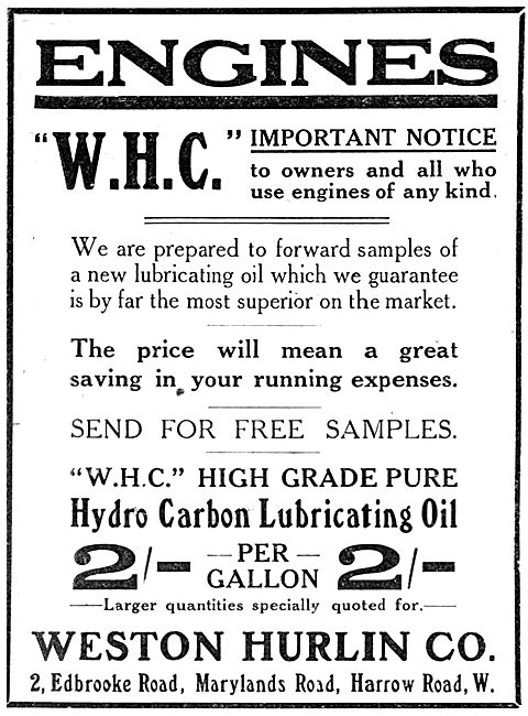 Weston Hurlin. W.H.C High Grade Hydro Carbon Lubricating Oil     