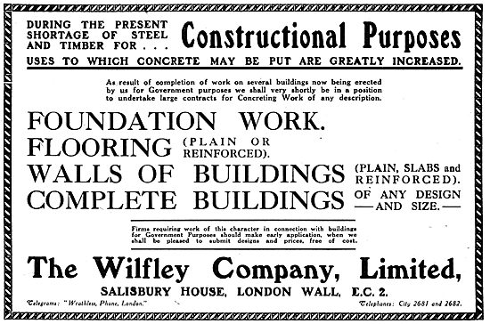 Wilfley WW1 Steel Buildings & Aircraft Hangars - 1917 Advert     