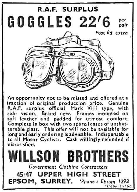 Willson Brothers RAF Surplus Equipment. Flying Goggles 22/6      