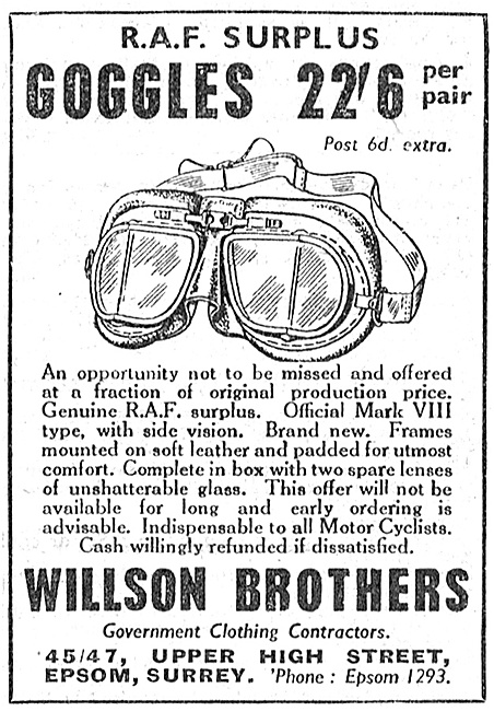 Willson Brothers Government Surplus Clothing  Flying Goggles 1947