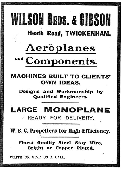 Wilson Bros & Gibson Twickenham - Maufactuerers Of Aeroplanes    