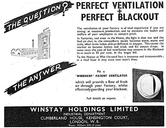 Winstay Holdings Windvent Factory Ventilator . A.R.P. 1942       