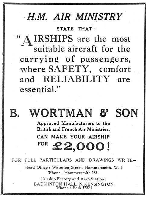 B.Wortman. Manufacturers Of  Airships & Balloons. 1919           