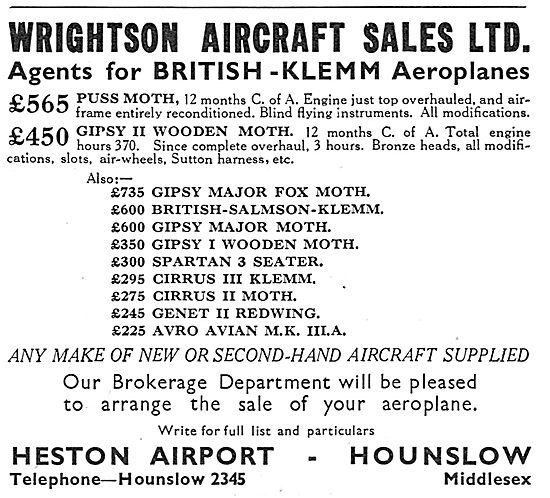 Wrightson & Pearse. Heston Airport. Agenst For British Klemm     