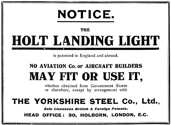 The Yorkshire Steel:  Holt Aircraft Landing Lights 1919 Notice   