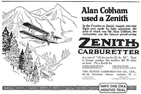 Alan Cobham Uses Zenith Aero Engine Carburetters                 