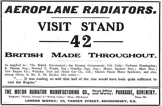 The Motor Radiator Manufacturing Co Aeroplane Radiators          