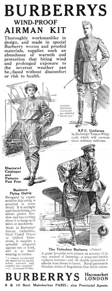 This Burberry advert from 1915 depicts their range of wind-proof airmans clothing.